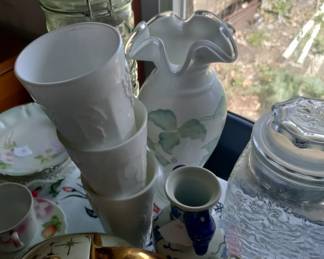 Beautiful milk glass cups and storage containers