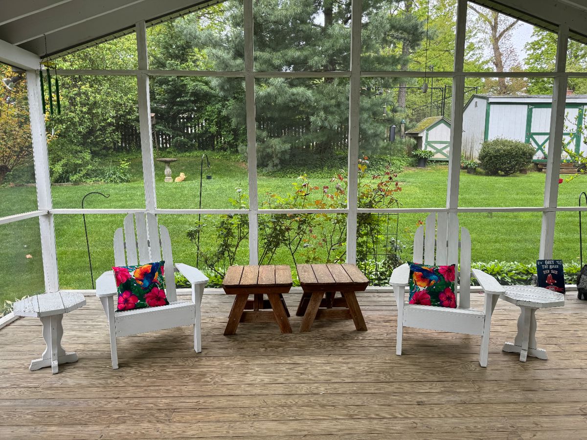 Wooden Adirondack Chairs with Matching End Tables & 2 Natural Wood Side Tables