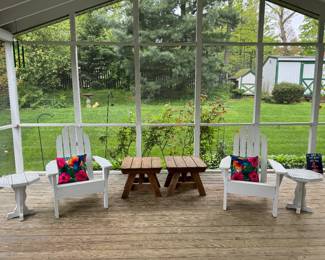 Wooden Adirondack Chairs with Matching End Tables & 2 Natural Wood Side Tables