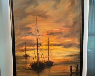 Framed Oil on Canvas Ship Scene Signed Ann 10