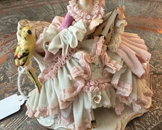 Vintage Dresden Porcelain Lace Figurine of Woman Sitting on Sofa