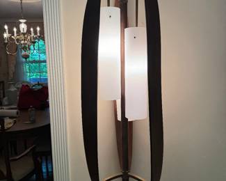 MCM Danish Tension Pole 3 Tiered Lamp with Curved Teak Accents
