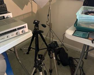 Vintage Photo Light & Multiple Camera Tripods