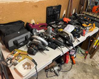 Collection of Circular Hand Saws, Sanders, Drills & Compressors