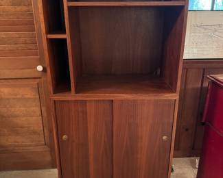 2 Piece Teak Veneer 2 Sliding Door Shelving Unit (16"D x 28"W x 55"H)