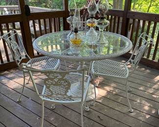 Vintage Wrought Iron Patio Set with Wicker Lined Round Table & 4 Side Chairs