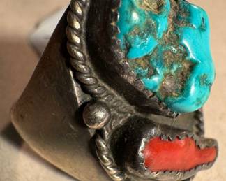 Sterling Silver, Coral & Turquoise Ring