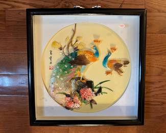 Framed Chinese Shadow Box with Jade & Shelled Peacocks