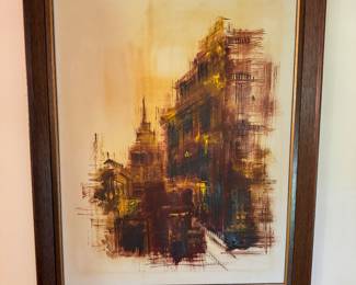 Framed MCM Oil on Canvas City Scape Signed Drakse