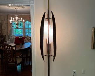 MCM Danish Tension Pole 3 Tiered Lamp with Curved Teak Accents