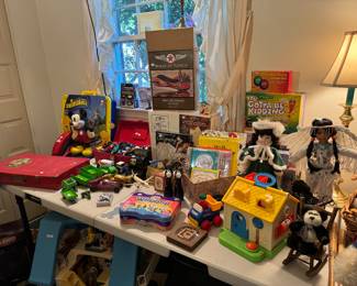 Collection of XMas Holiday Ornaments, Vintage Children's Toys and Games