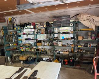 Collection of Tools, Screws, Nuts, Bolts, Clamps and other Garage Items. Shelving Units for Sale