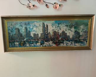 Framed MCM Oil on Canvas City Scape Signed