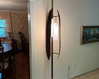 MCM Danish Tension Pole 3 Tiered Lamp with Curved Teak Accents