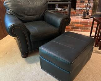 Whittemore-Sherrill Limited Green Leather Armchair with Matching Ottoman (45"W x 36"D x 31" Back Height)