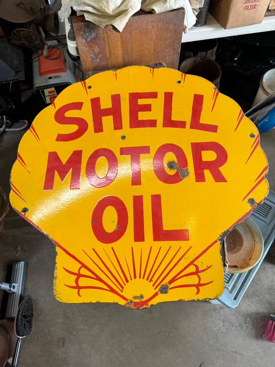 1929 Shell Motor Oil Double-Sided Porcelain Sign - Excellent Color, Very Little Rust
