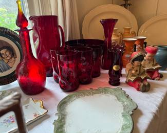 Collection of Colored Glass, China and Figurines