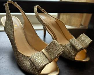 Women's Kate Spade Sparkling Glitter Gold Bow Heels Size 5-1/2
