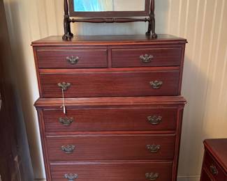 Thomasville 7 Drawer High Boy Mahogany Dresser (18"D x 36"W x 53-1/2"H) with Antique Dressing Table Mirror
