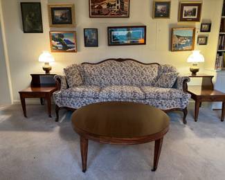 Antique Victorian Uphostered Sofa (33"D x 75"W x 35" Back Height) with Mersman Round Coffee Table (35 1/2"D x 15-1/2"H) and Mersman 1 Drawer End Table (23-1/2"H x 17-1/2"D - 2 Total)
