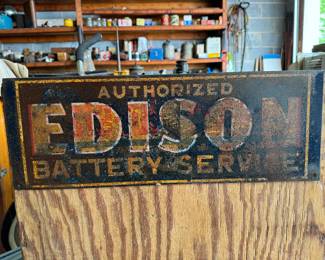 Vintage Hanging Authorized Edison Battery Service Sign / Great Color Variation