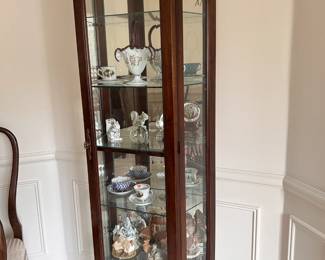 Display, china cabinet, glass shelves, mirrored back. $165.00. As-new.