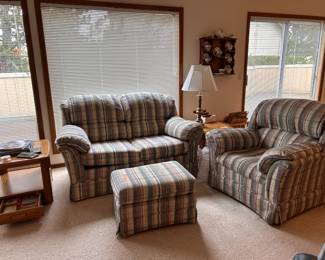 Broyhill sofa, stool, two matching chairs, all as new.