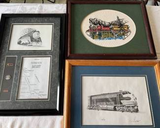 Three framed train wall decor one is pencil signed largest 12x18