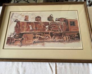 Three framed train wall decor one is pencil signed largest 22x28