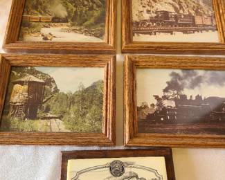 Marble etching of train 5 x 7 and 4 framed train pictures 6.5 x 8.5