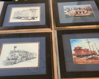 Four train pictures, the two black and whites are pencil signed 14 x 17