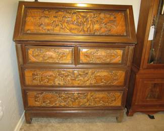 Vintage Relief Carved Chinese Secretary