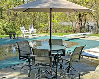 (6PC) PATIO SET | Powder-coated aluminum furniture with glass tabletop and Pro Shade Patio Umbrella. Counter height. - h. 39 x dia. 42 in (Approx.)