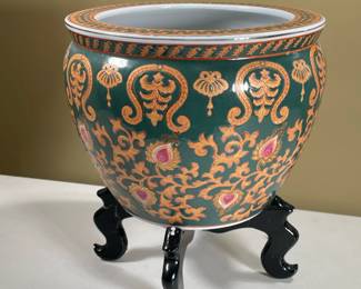 CONTEMPORARY CHINESE FISH BOWL JARDINIERE |  Comes with a conforming black stand. Enameled and decorated with gilding. Label on bottom. - h. 10 x dia. 13 in (Planter only)