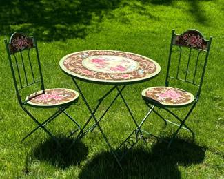 (3PC) IRON MOSAIC PATIO SET | Including 2 chairs and one table. Beautiful floral mosaic design. All three pieces are collapsible making it convenient for storage. - h. 28 x dia. 27.5 in