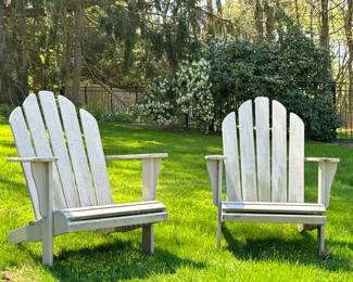 PAIR VINTAGE GRAY PAINTED ADIRONDACK CHAIRS | Old wood with gray paint. -  l. 39 x w. 30 x h. 35 in (each chair)