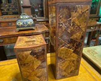 Pair Tortoise Shell Style Covered Boxes
