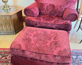 Pair red chenille chairs, one ottoman