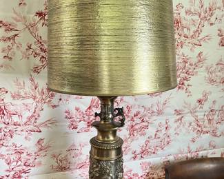 PAIR brass lamps with gold shades