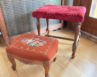 needlepoint foot stool and upholstered bench