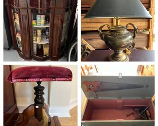 Antique Piano Stool, Carpenters Toolbox, Hutch Top, Brass Urn Lamp