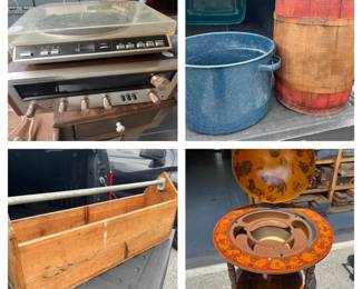 carpenters tool caddy, globe bar, nail barrel, graniteware, vintage turntable and audio receiver