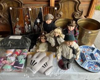 Vintage Dolls, Brass Cans, Mickey Mouse, Asian Wood Inlay, Vintage fabrics