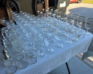 gold rimmed crystal stemware, vintage salt & pepper shakers