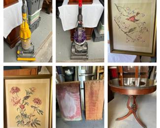 Dyson Vacuums, Drum Table, Bird Lithos, Wood Fruit Crates