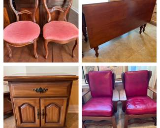 Maple Drop Leaf Table, Red Leather Deck Chairs, Maple Nightstand, Pair Antique Side Chairs
