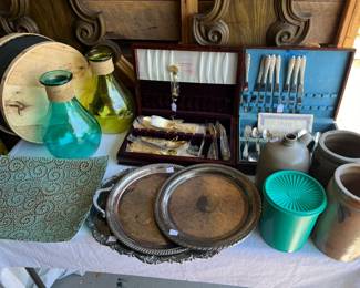Tupperware, Antique Stoneware Crocks, Jugs, Silver Trays, Wood Cheese Box