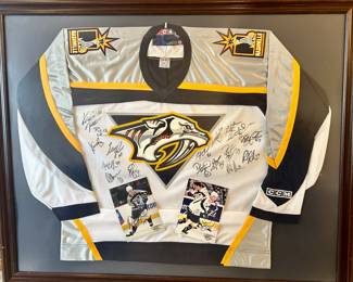 Framed, Autographed, Nashville Predators Team Jersey signed by  all players from first official team year $500  (43.5 x 36”)