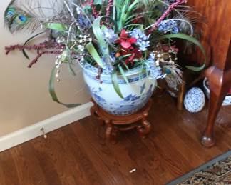 large  plant in  blue  and  white  vase