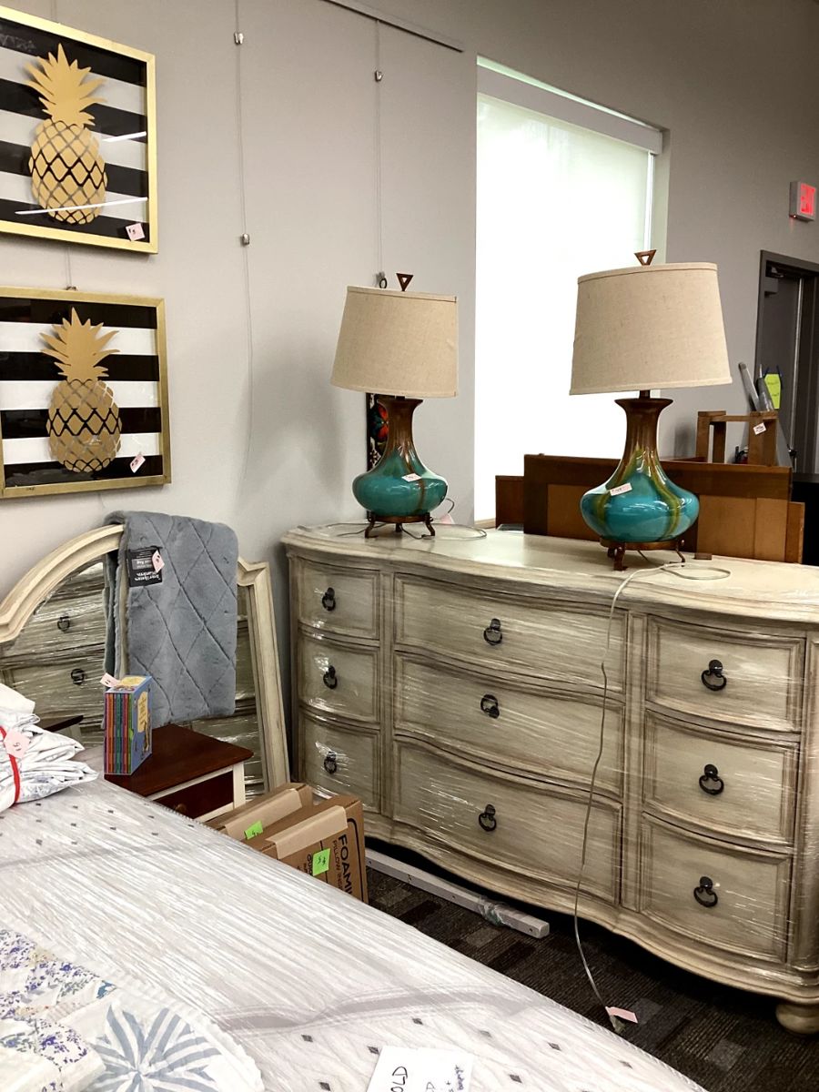 Beautiful large dresser use with or without mirrorblonde wood large reproduction vintage pottery lamps mattress is sold